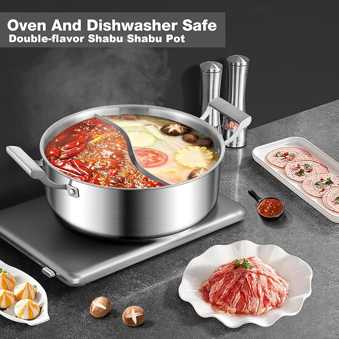 Delarlo 6.8QT Tri-Ply Stainless Steel Double-flavor Shabu Shabu Pot 12 inch Everyday Pan with Lid, Kitchen Induction,Cooking Hot Pot, Oven Safe Stock Pot, Up to 600℉