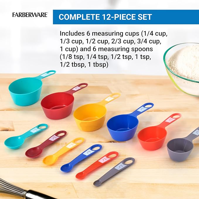 Farberware Measuring Cups and Spoons Set, 12-Piece Rainforest Collection with Color-Coded Nesting Design for Cooking and Baking, Dishwasher Safe