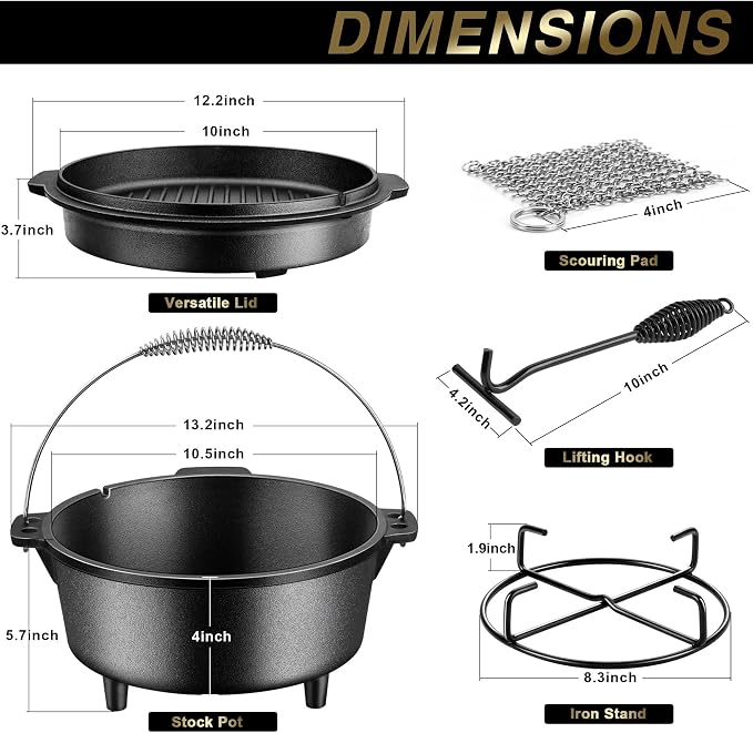 Joyfair Pre-seasoned Cast Iron Camp Dutch Oven with Accessories, 5QT Pot | Open Fire Camping Cookware with 2QT Skillet Lid For Outdoor Campfire Cooking - Baking Sourdough Bread, Oven Safe