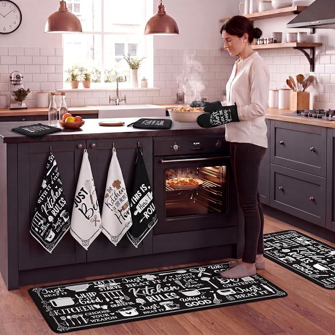 Fourluoo 10 Pcs Farmhouse Kitchen Decor Set Dish Towels Kitchen Rugs Oven Mitts and Pot Holders Home Decor for Cooking Baking Grilling Women Mom Gift
