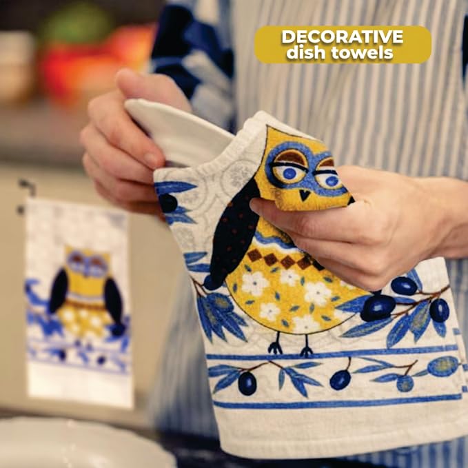 Lobyn Value Pack Whimsical Blue Owl, 5 Piece Set | Kitchen Towel Set with 2 Decorative Dish Towels (25 X15), 1 Oven Mitt (11 X 7) and 2 Potholders (6.5 X 6.5)