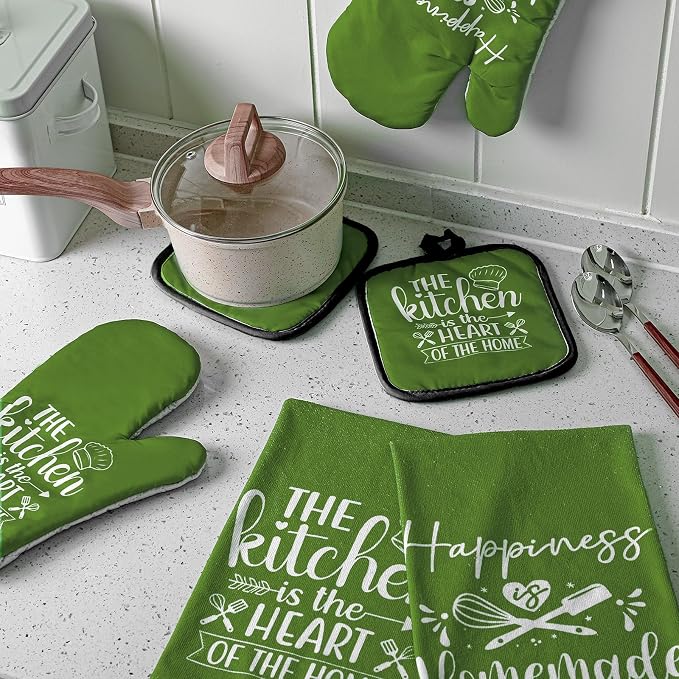 Sratte 6 Pcs Kitchen Decor Accessories Set, Kitchen, Avocado Green | Farmhouse Kitchen Towels Pot Holders Oven Mitts Set 2 Dish Towels 2 Potholders 2 Cooking Mittens for Baking Cooking Supply