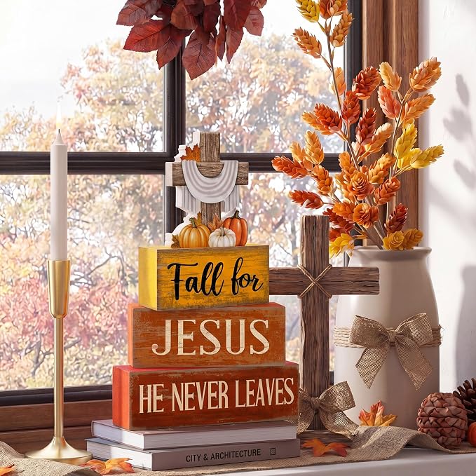 Lineshading 4 Pcs Fall Decoration For Home Fall Religious Wooden Signs | Religious Cross with Pumpkins, Rustic Block Signs for Home, Faith-based Autumn Centerpiece, Thanksgiving Gift, Stackable