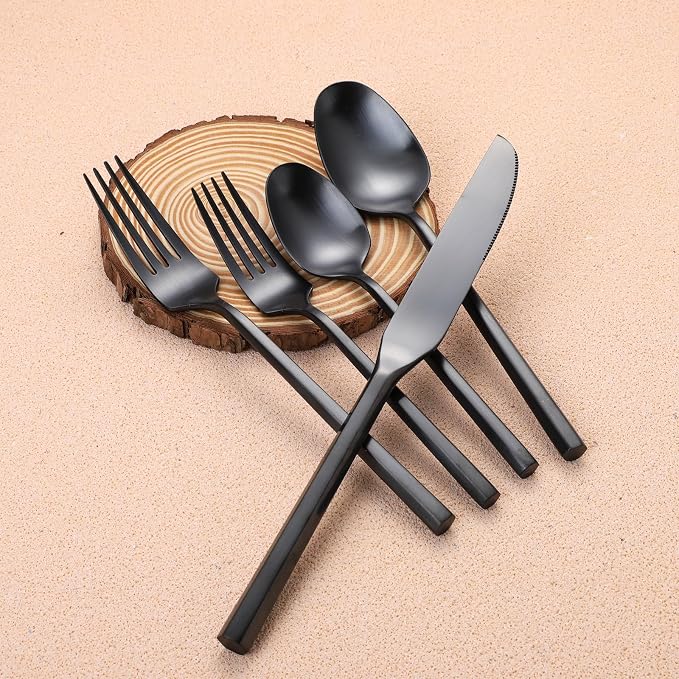 Matte Silverware Set Black Flatware Set with Hexagon Handle 20 Pieces 18/0 Stainless Steel Cutlery Set Wedding Housewarming Gift Service for 4 (Matt black)