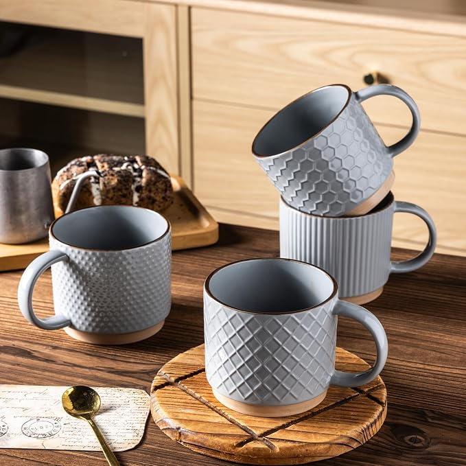 GBhome 15 OZ Stackable Coffee Mugs Set of 4, Ceramic Coffee Cups Set | 4 Assorted Designs, Embossed Mugs with Texture Patterns for Tea/Coffee, Dishwasher&Microwave Safe, Gray