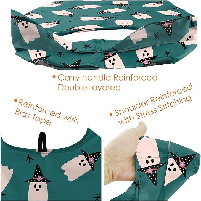 BeeGreen Halloween Bags Spooky Boo Basket Party Reusable Grocery Bags 6 Pack Trick or Treat, Halloween Pumpkin Spiders Ghost Skeleton Black Cat Bat Shopping Bags 50LBS Large
