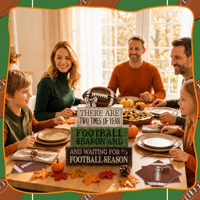 Lineshading 4 Pcs Football Tiered Tray Decor Wood Blocks Stackable Table | Stackable Centerpiece with Quotes, Party Decorations for Game Day Tailgate, Shelf Fireplace Display, Gift for Fans Club