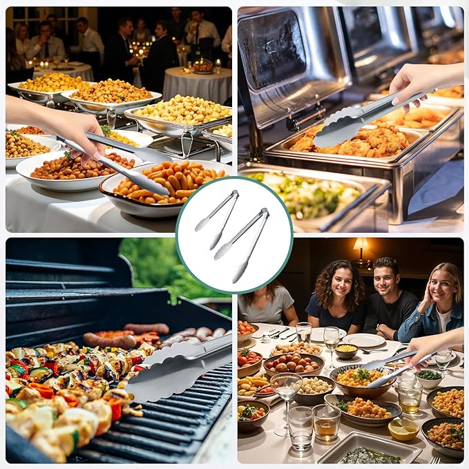 12 Pack Buffet Tongs Serving Tongs Stainless steel Kitchen Tongs 7inch | stainless steel Utility Tongs with scalloped grip for buffets, parties, catering, salad bars, appetizers, desserts and ice