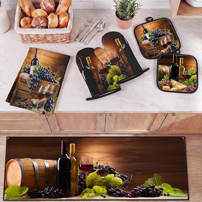 10 Pcs Red Wine Kitchen Decor and Accessories Set, 4 Dish Towels Kitchen Rugs 2 Oven Mitts 2 Pot Holders, Home Decor for Cooking Baking BBQ Gifts Women Mom Housewarming