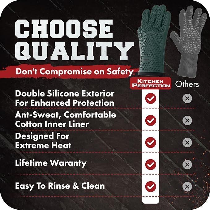 KITCHEN PERFECTION Silicone Smoker BBQ Gloves - Heat Resistant Oven Mitts | Waterproof, 5-Finger Design For A Better Grip, for Pitmasters, Meat Smoking, Grilling, Cooking, Frying Turkey | Grill Gift