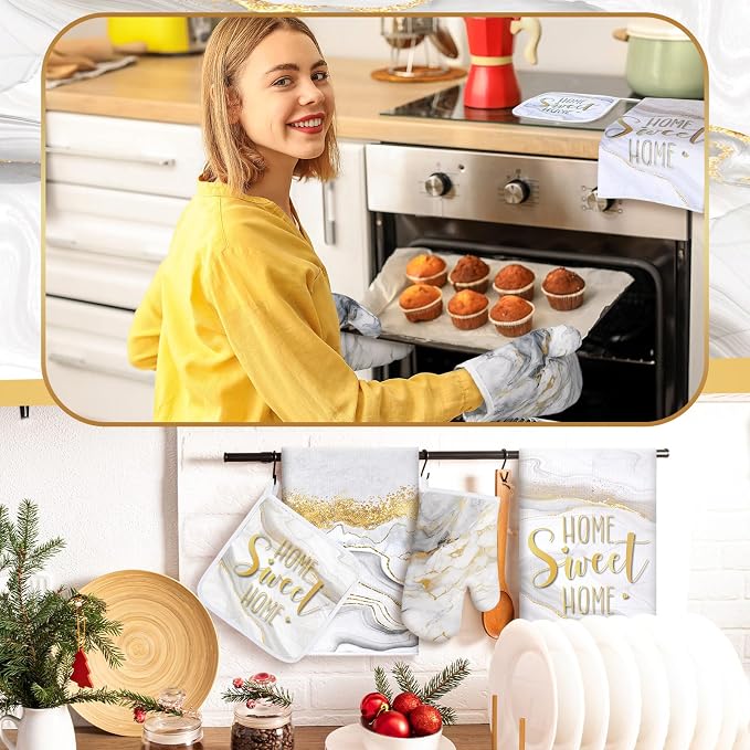 Bencailor 6 Pcs White and Gold Kitchen Decor White Marble Dish Towels Oven Mitts and Potholder Marble Kitchen Set for Baking Cooking Grilling Cleaning Supply Accessories