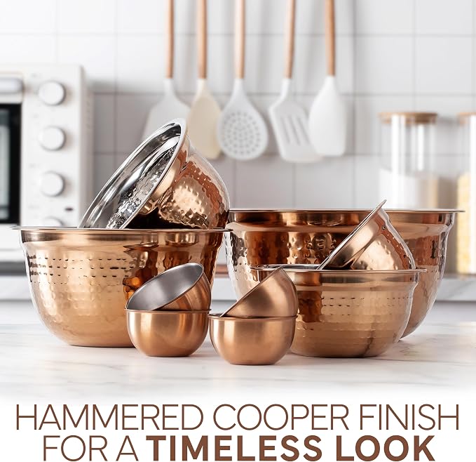 COOK WITH COLOR 18 Piece Mixing Bowls Set with Airtight Lids, Handcrafted Stainless Steel Bowls, Food Storage Containers, Meal Prep, Nesting Salad Bowls For Cooking, Baking, Kitchen, Copper - Hammered