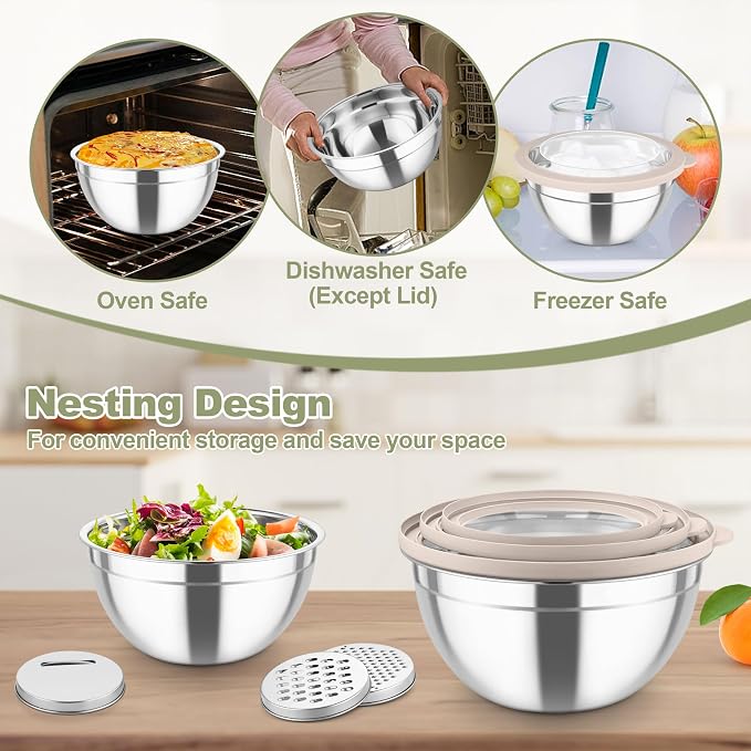 TeamFar Mixing Bowls, Stainless Steel Salad Serving Bowl with Clear Lids | with 3 Graters, For Kitchen Cooking Prepping Storing, Size 4.6/2.6/1.5/1/0.7 QT, Nesting & Airtight, Set of 5 & Khaki