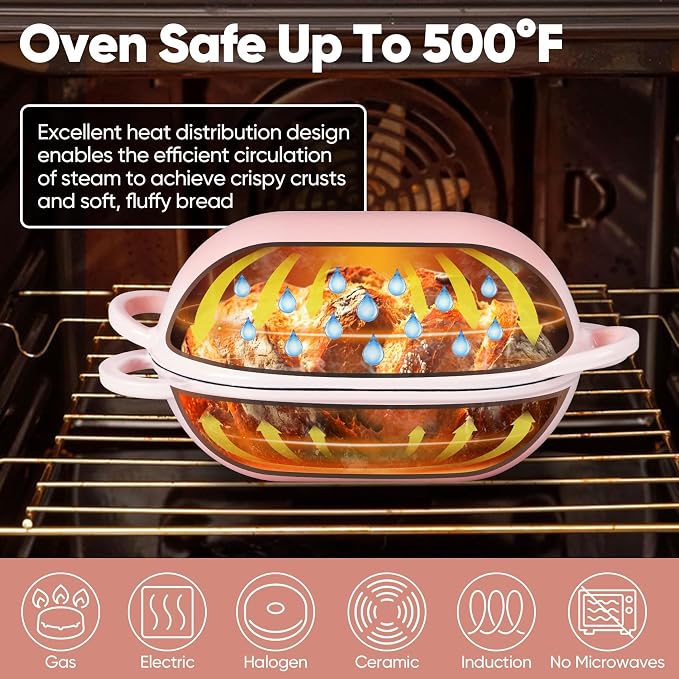 TeamFar Enameled Cast Iron Bread Loaf Pan, 2 QT Oval Dutch Oven with Lid | for Sourdough Bread Baking, Enameled Meatloaf Loaf Baking Pan with Lid, Even Heat Distribution & Self-Basting, Pink