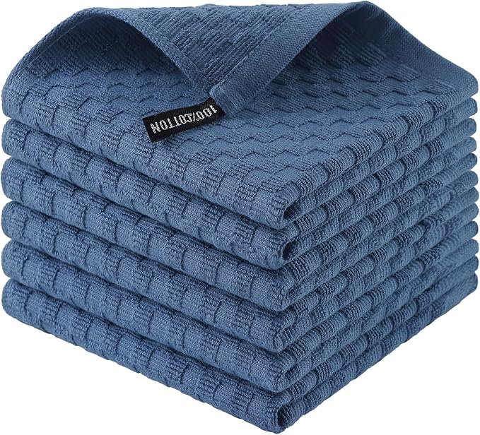 Homaxy 100% Cotton Terry Dish Cloths, 12"x12", 6-Pack, Navy Blue | Ultra Soft Absorbent Dish Towels with Hanging Loop, Pineapple Grid Designed