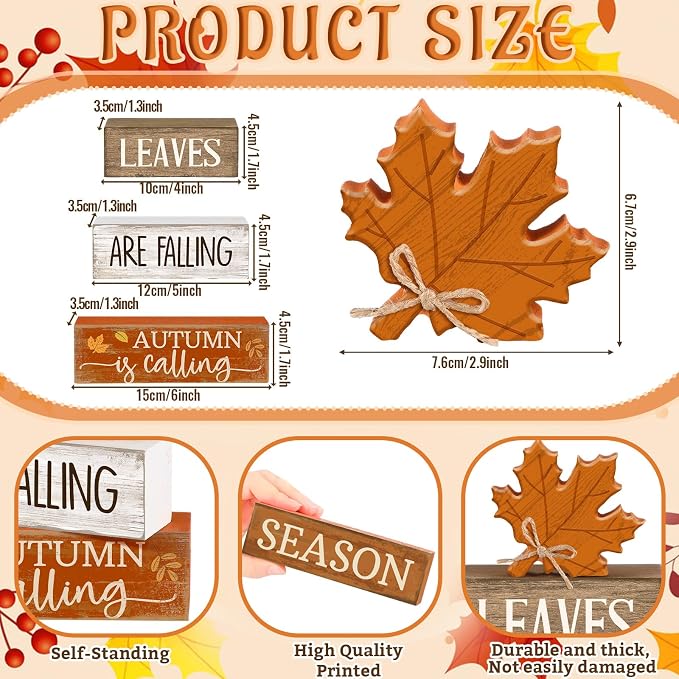 Lineshading 4 Pcs Autumn Block Signs, Farmhouse Tiered Tray Decor | Stacked Signs with Maple Leaf, Fall Tabletop Centerpiece, Mantle Shelf Display, Back to School Autumn Decoration