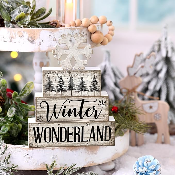 Lineshading 4 Pcs Winter Block Signs Wooden Farmhouse Tiered Tray Decor | Snowflake Design Stackable Blocks, Tabletop Shelf Mantel Display, Rustic Distressed White Finish, Farmhouse Holiday Decor