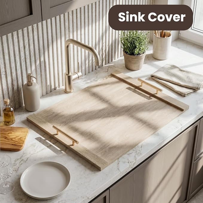 30 * 22" Wooden Stove Top Cover for Electric Stove and Gas Burners | Noodle Board Stove Cover with Handles, Kitchen Sink Cover for Counter Space & Tray