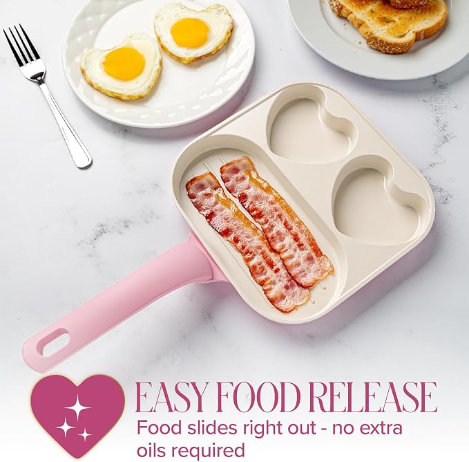 Paris Hilton Ceramic Nonstick Divided Skillet with Heart-Shaped Sections and Grill Plate, Cast Aluminum, Dishwasher Safe, 8-Inch, Pink