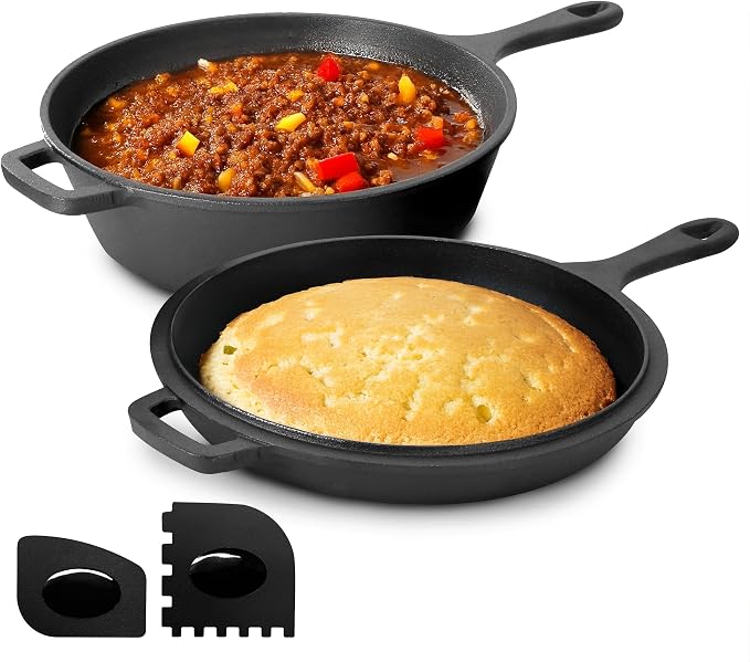 Megachef 10.5 Inch 2-in-1 Pre-Seasoned Cast Iron Skillet and Fry Pan Set