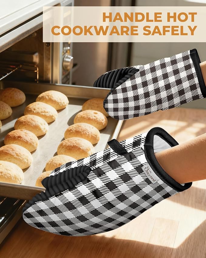 100% Thick Cotton Oven Mitts Ribbed Soft Silicone Black Gingham | Aesthetic Oven Mitts for Women, Machine Washable Non-Slip Kitchen Mitts, Reversible for Both Hands, Stylish Kitchen Decor