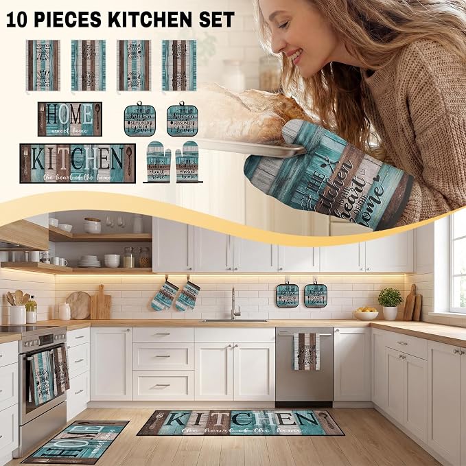 10 Pcs Kitchen Decor and Accessories Set, Turquoise Teal | 4 Dish Towels Kitchen Rugs 2 Oven Mitts 2 Pot Holders, Home Decor for Cooking Baking BBQ Gifts Women Mom Housewarming