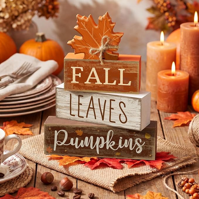 Lineshading 4 Pcs Fall Wood Block Signs Farmhouse Tabletop Decor Pumpkin | Rustic Stacked Blocks with Maple Leaf, Tiered Tray Mantel Decor, Harvest Thanksgiving Accents, Distressed Wood Finish