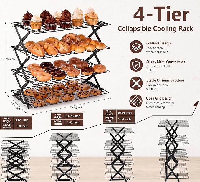 4-Tier Foldable Cooling Rack, Cooling Racks for Cooking and Baking, Baking Rack & Bread Rack for Cookies, Cakes, Breads, Space-Saving Design. (Black, 4-Tier)