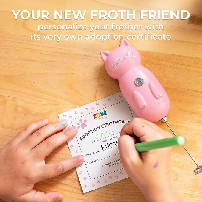 Zulay Kitchen Cat Milk Frother Wand – Cutesy Frother, Meet Your New Frothing Buddy Princess The Cat, Adoption Papers and Stickers Included, Purrr-fect for Lattes, Cappuccino & Matcha – Pink