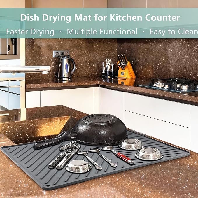 Dish Drying Mat, Silicone Dish Drying Mat for Kitchen Counter, Dish Drainboard with Built-in Drain, Non-silp, Heat Resistant, Dishwasher Safe (Black, 20"x17")