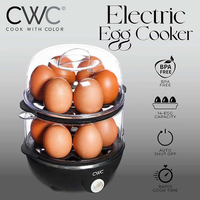 COOK WITH COLOR 350W Electric Double Layer Egg Cooker - Egg Boiler for Hard Boiled, Soft Boiled, and Omelettes, 6.1x6.1x8.7, Black