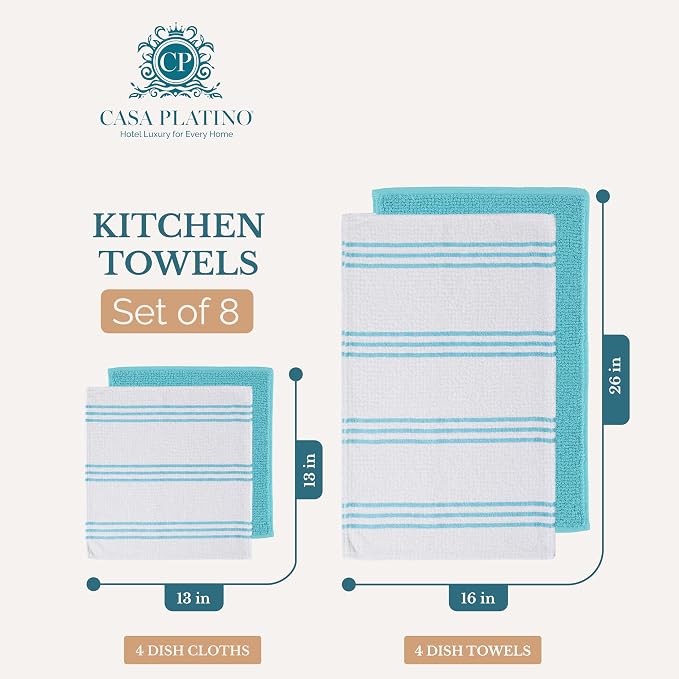 Casa Platino Kitchen Towel Set 8 Pc - 4 Dish Cloths (13"x13") & 4 Dish Towels (16"x26") - Soft, Absorbent & Quick Dry Cleaning Cloths, Hand Towels for Kitchen & Wash Rags for Absorbing Spills - Aqua.