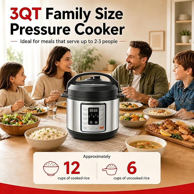 Simple Deluxe Electric Pressure Cooker 3Qt, 10 Presets Instant Multi Cooker, Olla de Presion Nonstick Pot 3 Quarts for Slow Cook, Rice Cook, Steam, Sauté, Canning, Yogurt Maker, Warm, Silver and Black