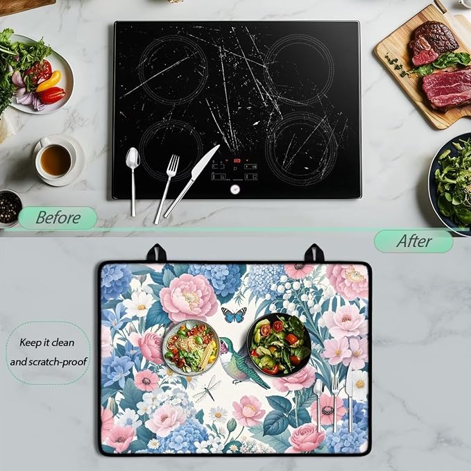 Hummingbird Pink Blue Flower Print Electric Stove Top Cover 29.18 x 20.96 inch Coffee Machine Mat Thick Induction Butterfly Dragonfly Print Glass Cooktop Protector with Lanyards Range Covers