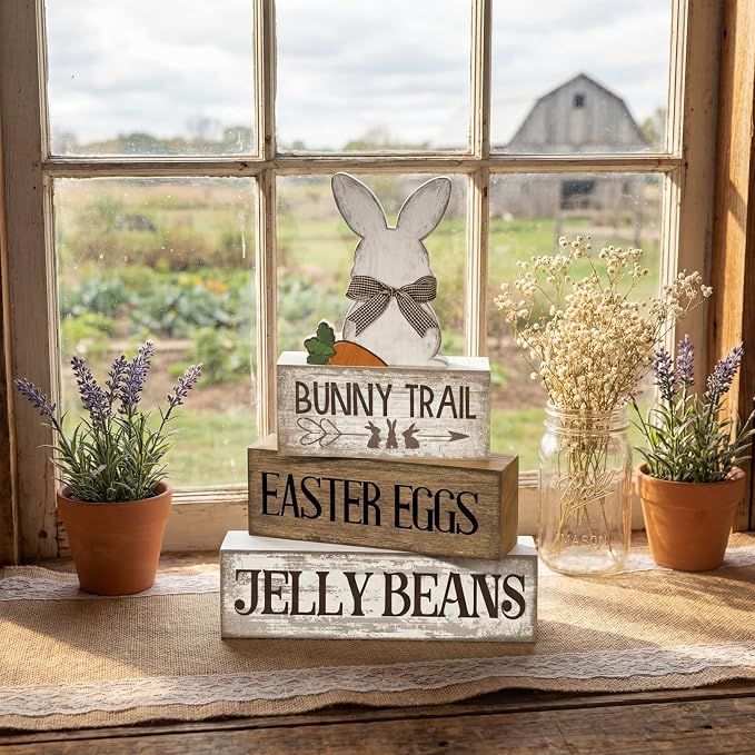 Lineshading 4 Pcs Wooden Easter Rabbit Block Signs Farmhouse Tiered Tray | Rustic Tabletop Signs for Tiered Tray, School Beach Theme Decor, Christmas Farmhouse Gift, Travel Wood Shelf Display