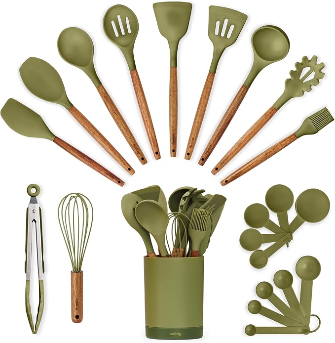 SMIRLY Silicone Kitchen Utensils Set, 22-Piece Acacia Wood Handle, Green | Cooking Utensils Set, Spatula Set with Utensils Holder, for Nonstick Cookware, for New Home & 1st Apartmen, BPA Free