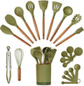 SMIRLY Silicone Kitchen Utensils Set, 22-Piece Acacia Wood Handle, Green | Cooking Utensils Set, Spatula Set with Utensils Holder, for Nonstick Cookware, for New Home & 1st Apartmen, BPA Free
