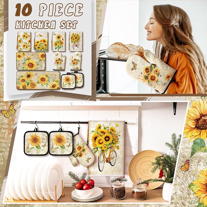 Fourluoo 10 Pcs Sunflower Kitchen Dish Towels Rugs Oven Mitts and Pot Holders Set Farmhouse Kitchen Decor Set for Women Mom Daughter Gift Cooking Baking Grilling (Retro Yellow)