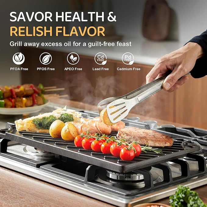 EWFEN Reversible Grill/Griddle, 16.7x9.5'' Pre-Seasoned Cast Iron Griddle Pan, Double Burner Cookware, Rectangular Stovetop Griddle with Handles, Flat Top Plate for Oven, Grill & Campfire