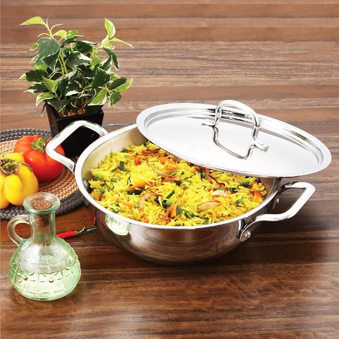 Vinod Platinum Triply Kadai, Extra Deep, 24cm, Induction, for Home Kitchen | Stainless Steel Wok For Sauces, Stews And Soups; Electric Stove Compatible, Durable Tri-Ply Base