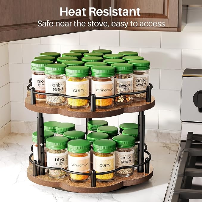 SNTD 2-Tier Lazy Susan Spice Rack Organizer for Cabinet, Wood, 10 in | Petal-Inspired Design, Height Adjustable, Easy Access to Every Spice, Rotating Seasoning Turntable for Countertop & Pantry