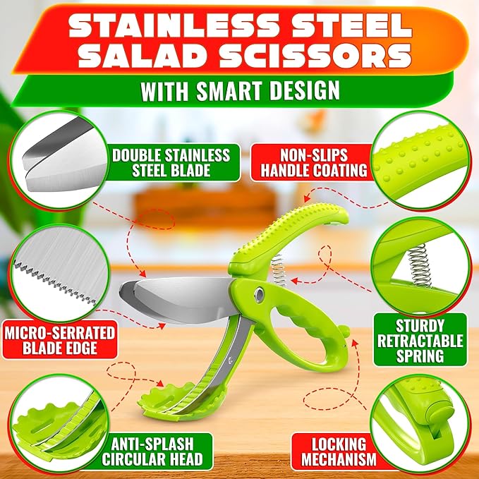 Salad Scissors for Chopped Salad, 8.9 In Stainless Steel | Double-Blade Lettuce Chopper Scissors; Chops Greens, Tomato & Herbs in Bowl, No Knife Needed; Anti-Splash Head; Safety Lock