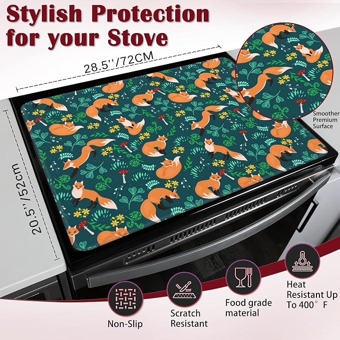 Cute Foxes Stove Top Cover Glass Cooktop Heat Resistant Cover,Mushrooms Ceramic Stove Top Covers Mat Prevents Scratching Stoves/Counter/Washer Protector, 28x20 in