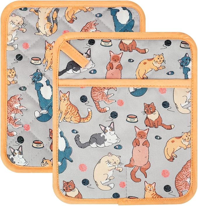 Pot Holders Set of 2 Heat Resistant 480℉ Kitchen 100% Cotton | Comfortable Lining Printing Fox Flower Women Men Home Cooking Baking Microwave BBQ Gift (Cat potholder)