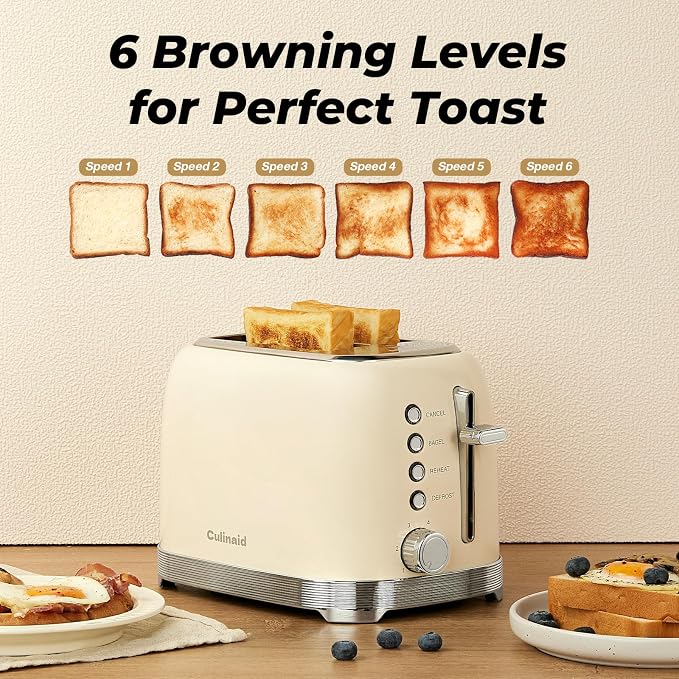 Toaster 2 Slice Retro Stainless Steel, Cream White | 1.5” Extra Wide Slots with Bagel, Defrost, Reheat, Cancel Functions, 6 Bread Shade Settings, Removable Crumb Tray