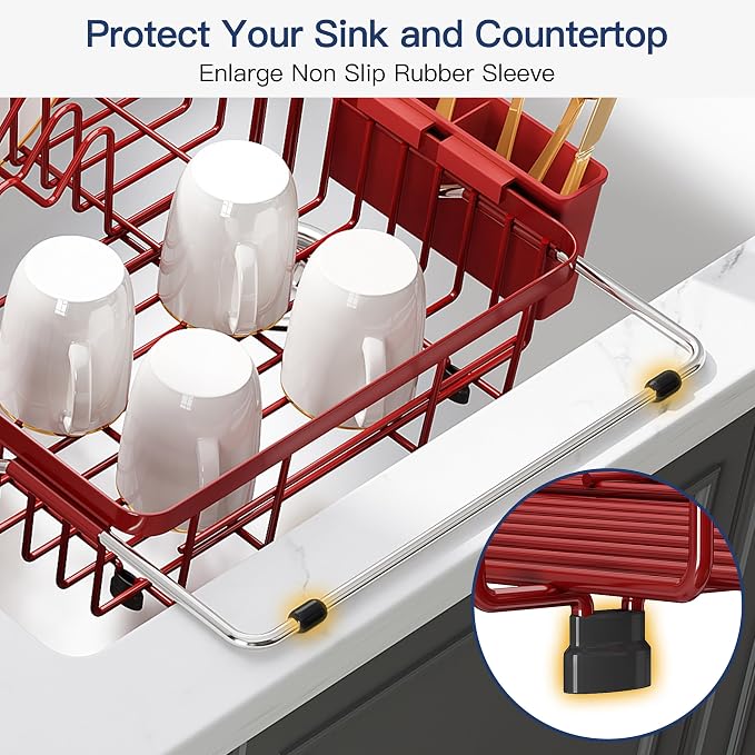 JASIWAY Red Dish Drying Rack Over the Sink with Utensil Holder | Expandable Stainless Steel Dish Driainers for Small Kitchen, Counter Space Saving, Fast Drain, Rust Resistant, For Apartment