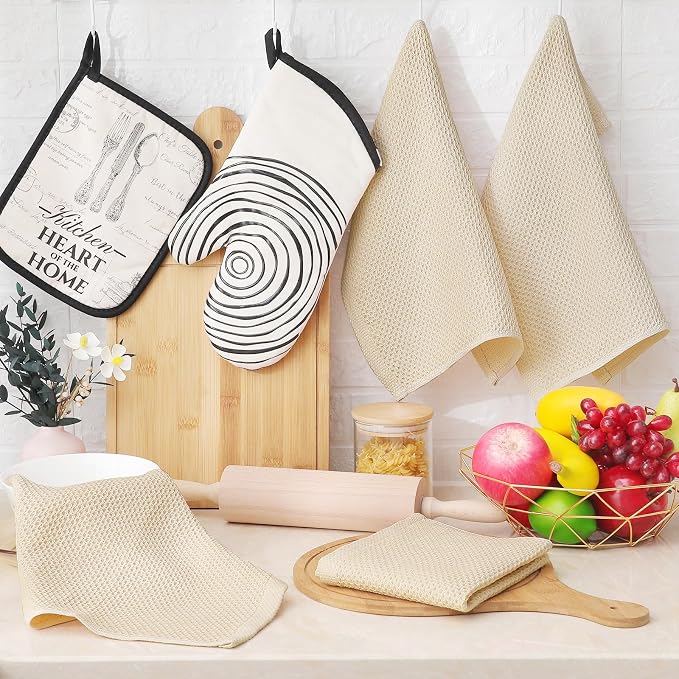 Homaxy 100% Cotton Waffle Weave Kitchen Dish Cloths, 9-Pack, Beige | Ultra Soft Absorbent Dish Towels, Quick Drying Dish Rags with Hanging Loop, 12 x 12 Inches