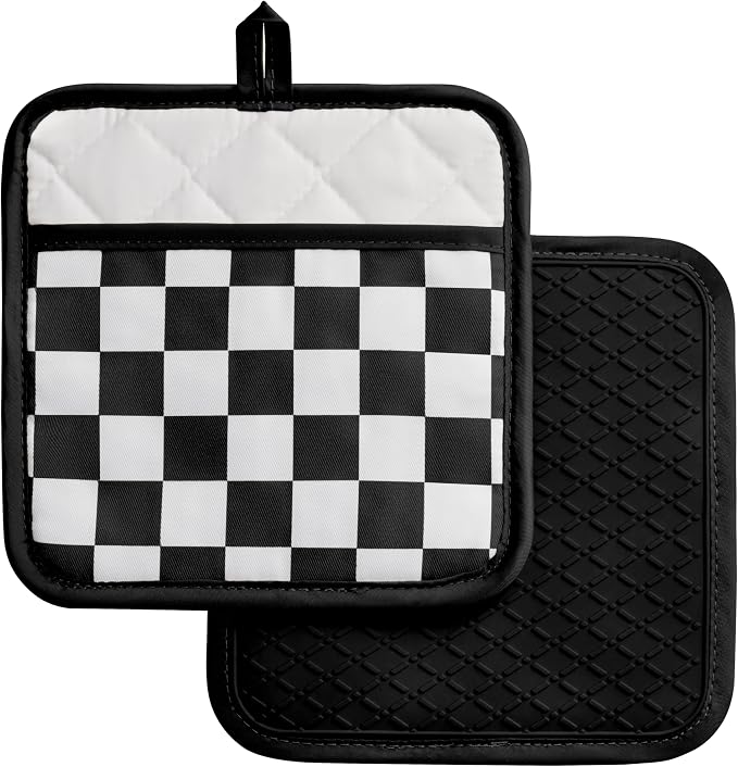 Ohocut Checkered Pot Holder, Black and White Checkerboard Potholders for Kitchen, Silicone Pot Holders with Pocket for Kitchen Clearance 2 Pack Set, Hot Pads and Oven Mitts for Cooking Baking