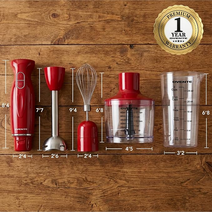 OVENTE Electric Hand Blender Set with 2 Mixing Speeds, 300W Red HS565R | Corded Immersion Handheld Stick Mixer with Stainless Steel Blades, Egg Whisk, Beaker & BPA-Free Food Chopper