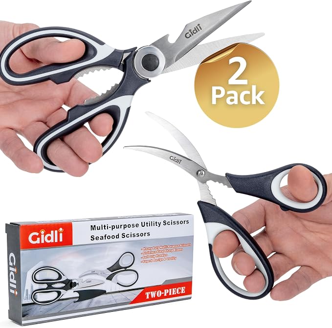 Gidli Kitchen Shears & Seafood Scissors Set - Lifetime Replace. Warranty* | Gidli Heavy Duty Utility Stainless Steel All Purpose Ultra Sharp Scissors for Meat, Poultry, Food & Cooking - Dishwasher Safe